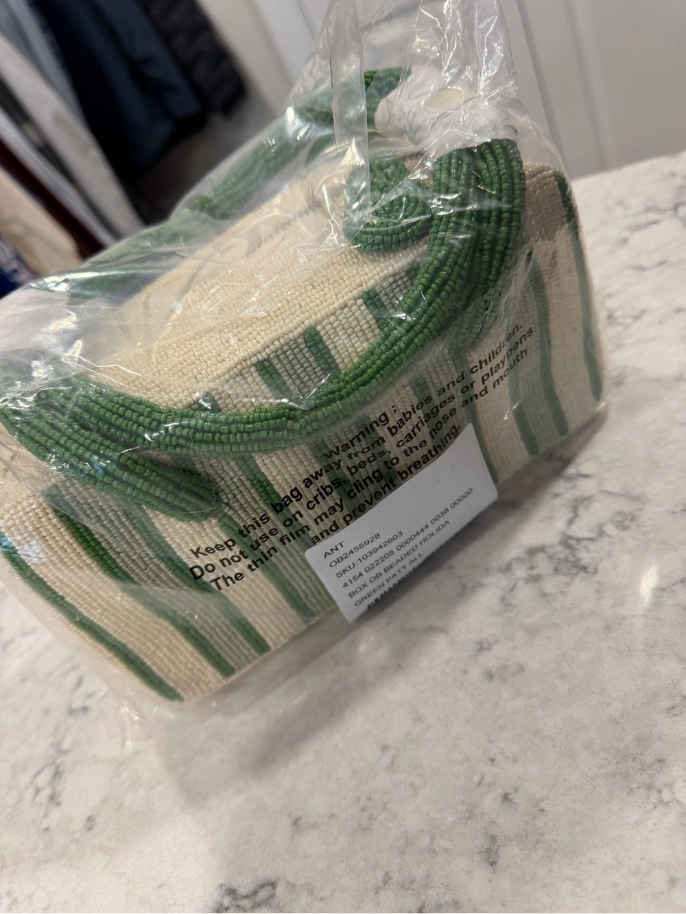Anthropologie Striped Beaded Shoulder/Hand Bag in Green and Cream - Picture 2 of 8